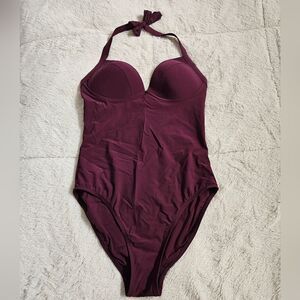 Women's One Piece VNeck Slimming Swimsuit. Size Medium in Eggplant.